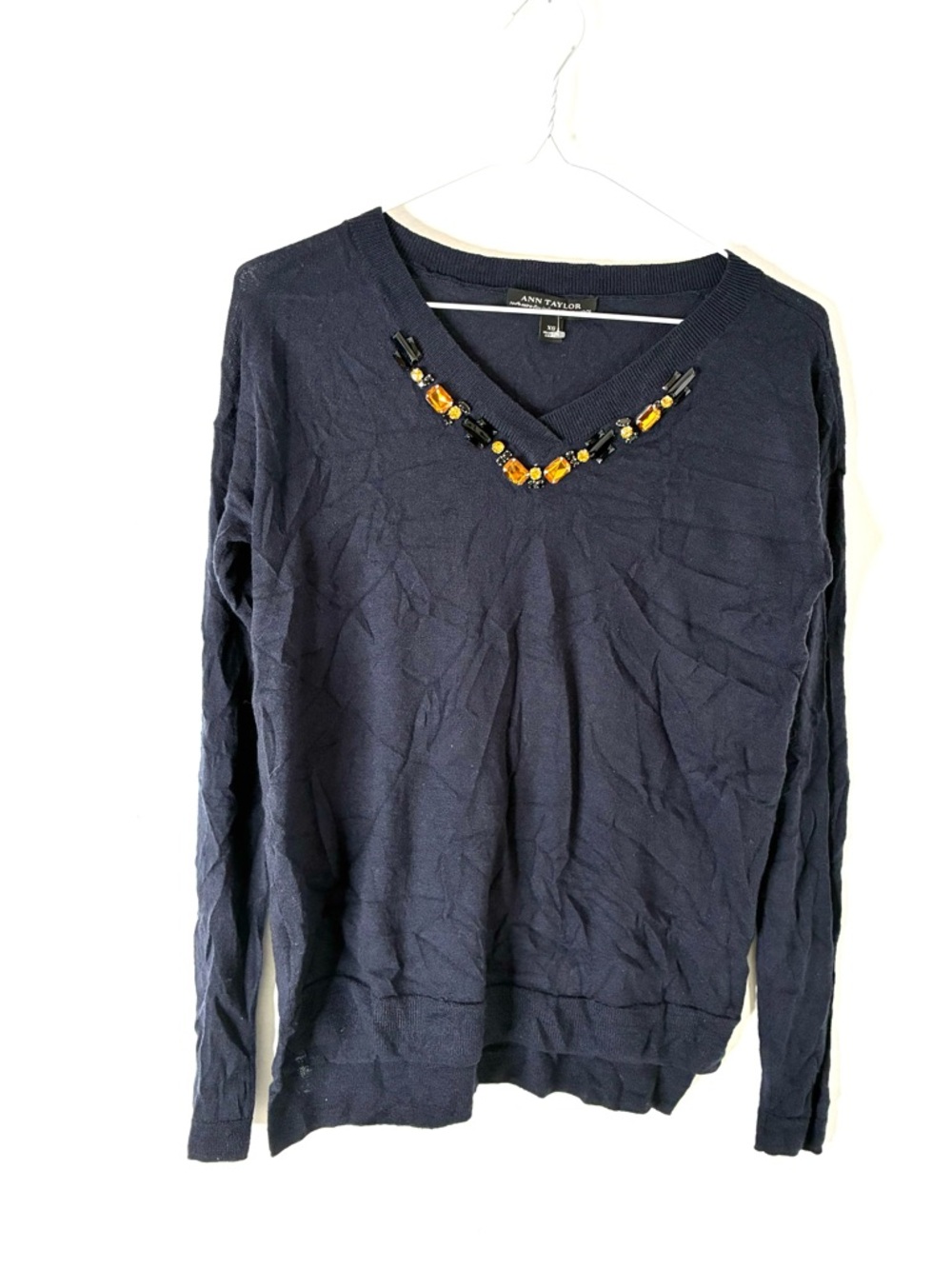 Ann Taylor Midnight Navy Italian Merino Wool Jewel V Neck Sweater Embellished